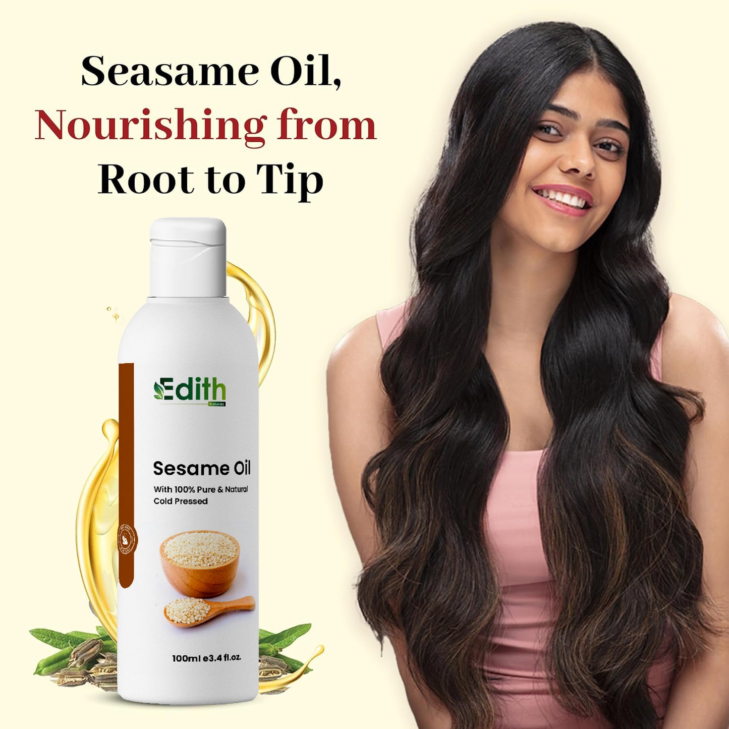 Edith Naturals Organic Olive Sesame Almond Hair Oil - Nourish, Strengthen, and Restore Shine for Skin & Hair-100 ml