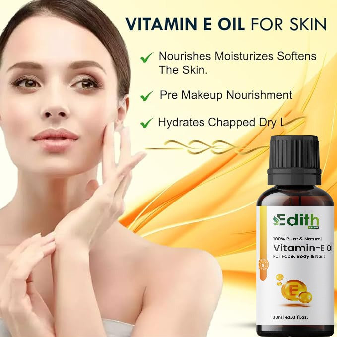 Edith Naturals Vitamin E Oil Hydrates & Soothes Skin , Conditions & Softens Hair , (30 ml)